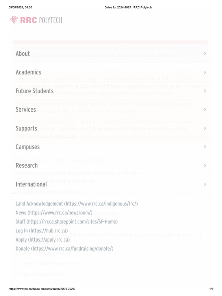 Dates For 2024-2025 - RRC Polytech | PDF