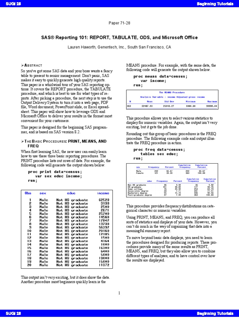SAS® Reporting 101: REPORT, TABULATE, ODS, and Microsoft Office | PDF ...