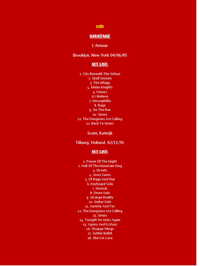 Savatage: L Amour Brooklyn, New York 04/06/85 Set List | PDF