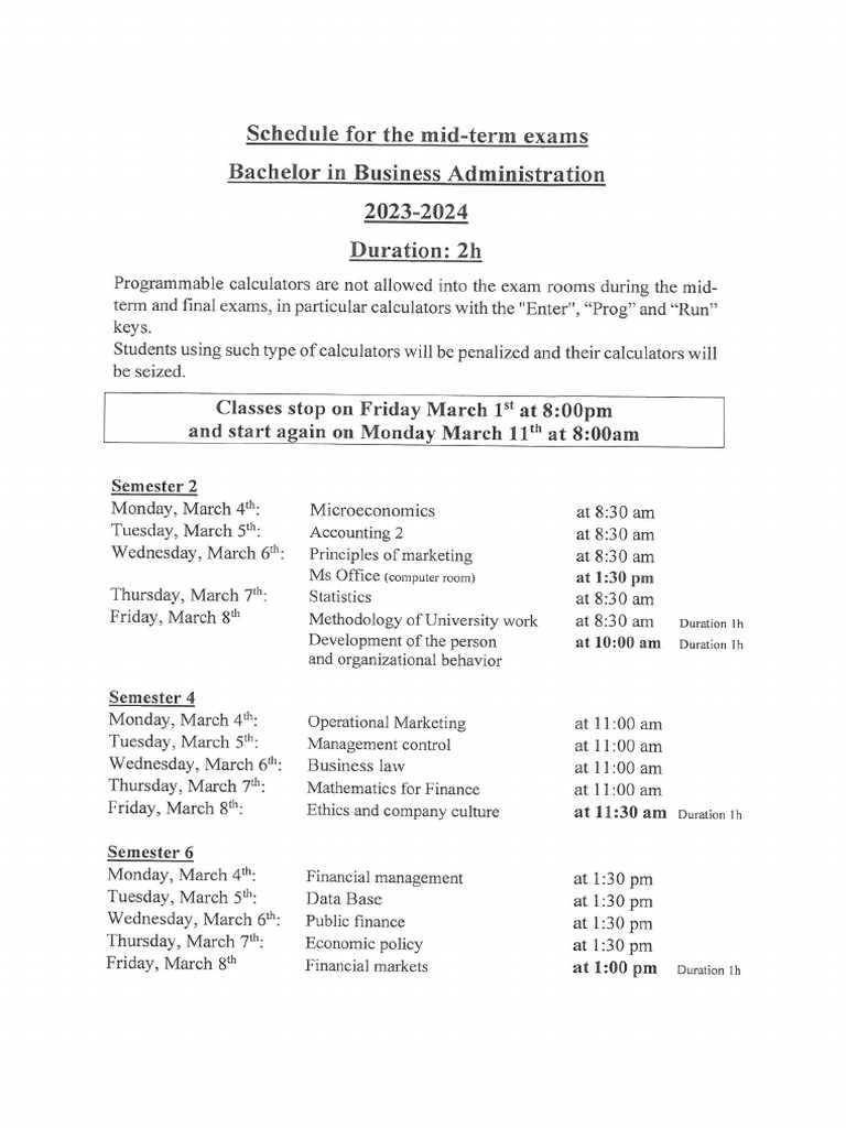 Schedule of The Midterm Exams - BBA | PDF