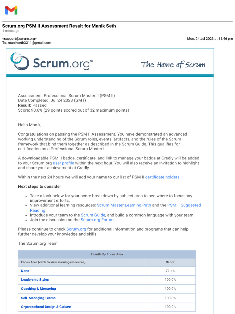 Gmail - Scrum - Org PSM II Assessment Result For Manik Seth | PDF