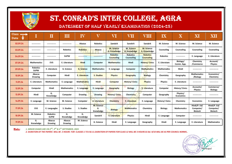 St. CONRADS College Half Yearly Datesheet - 2024 | PDF