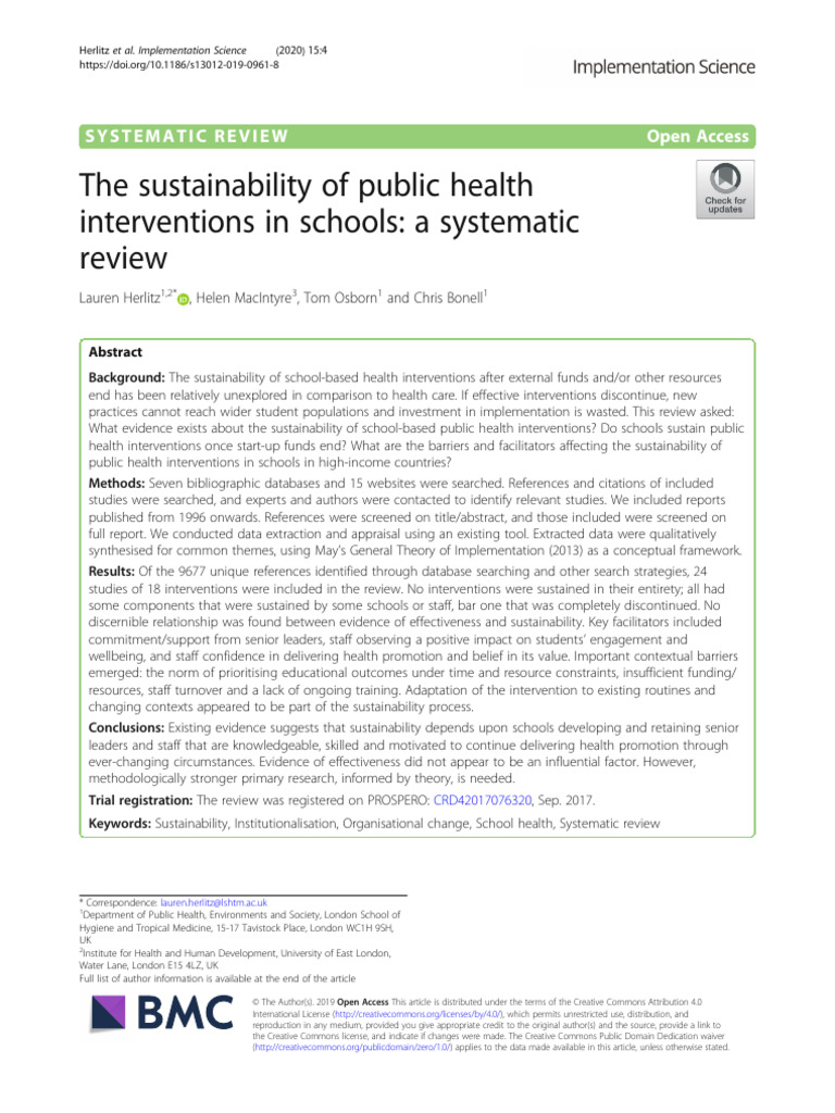 The Sustainability of Public Health Interventions in Schools: A ...