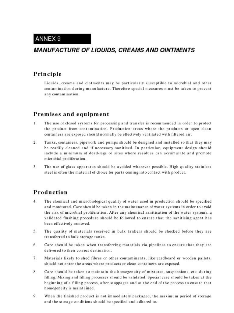 Annex 9 Manufacture of Liquids, Creams and Ointments