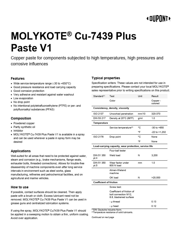 MOLYKOTE Cu-7439 Plus Paste V1 71-0182K-01 | PDF