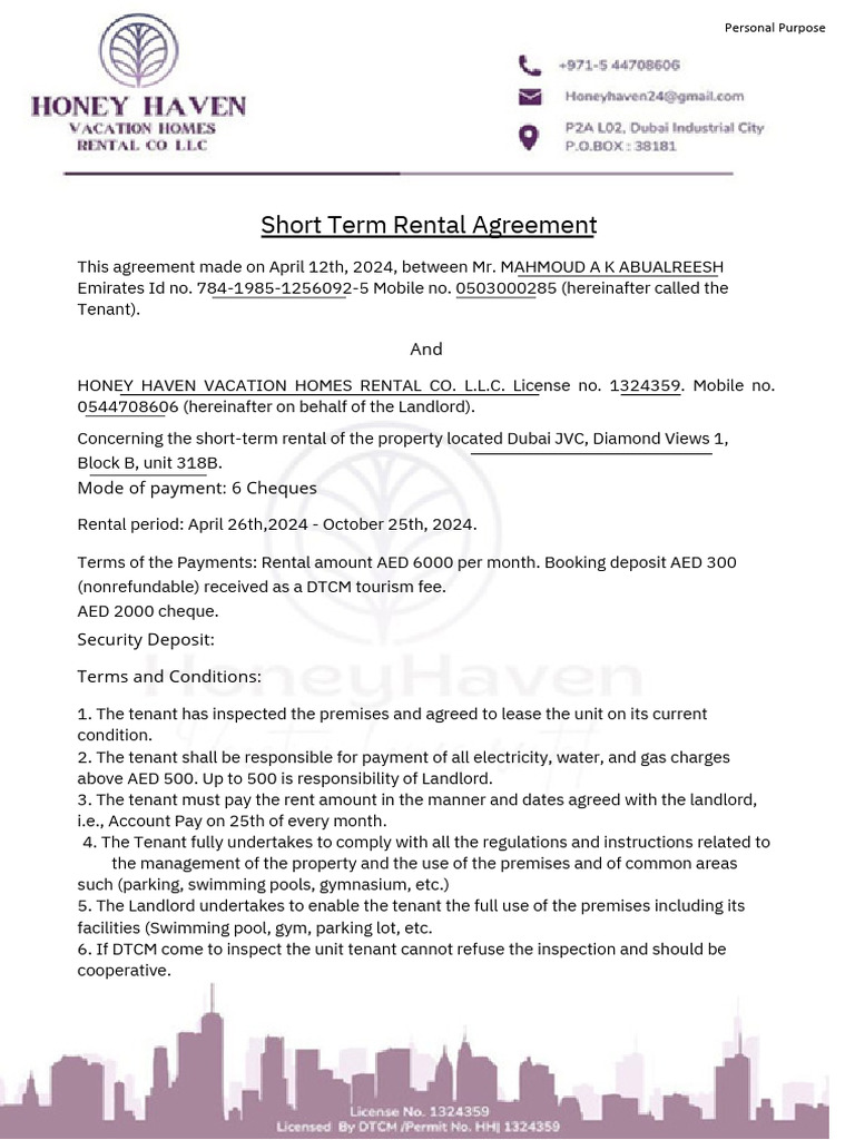 Short Term Rental Agreement PDF | PDF
