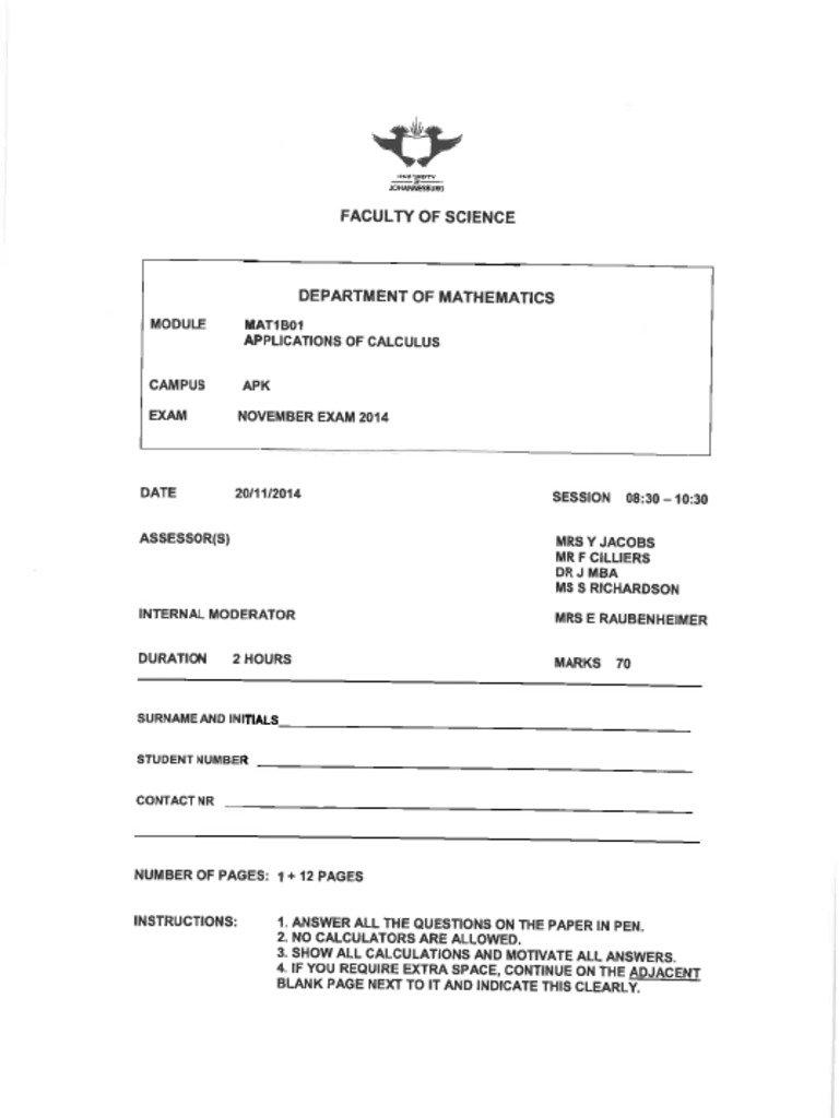 MAT1B01 - Exam 2014 | PDF