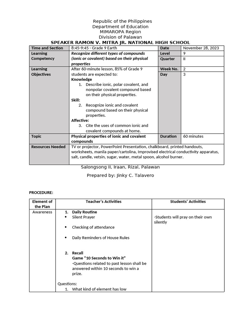 Science 9 Quarter 2 Week 2 Day 2 | PDF | Ionic Bonding | Chemical Polarity