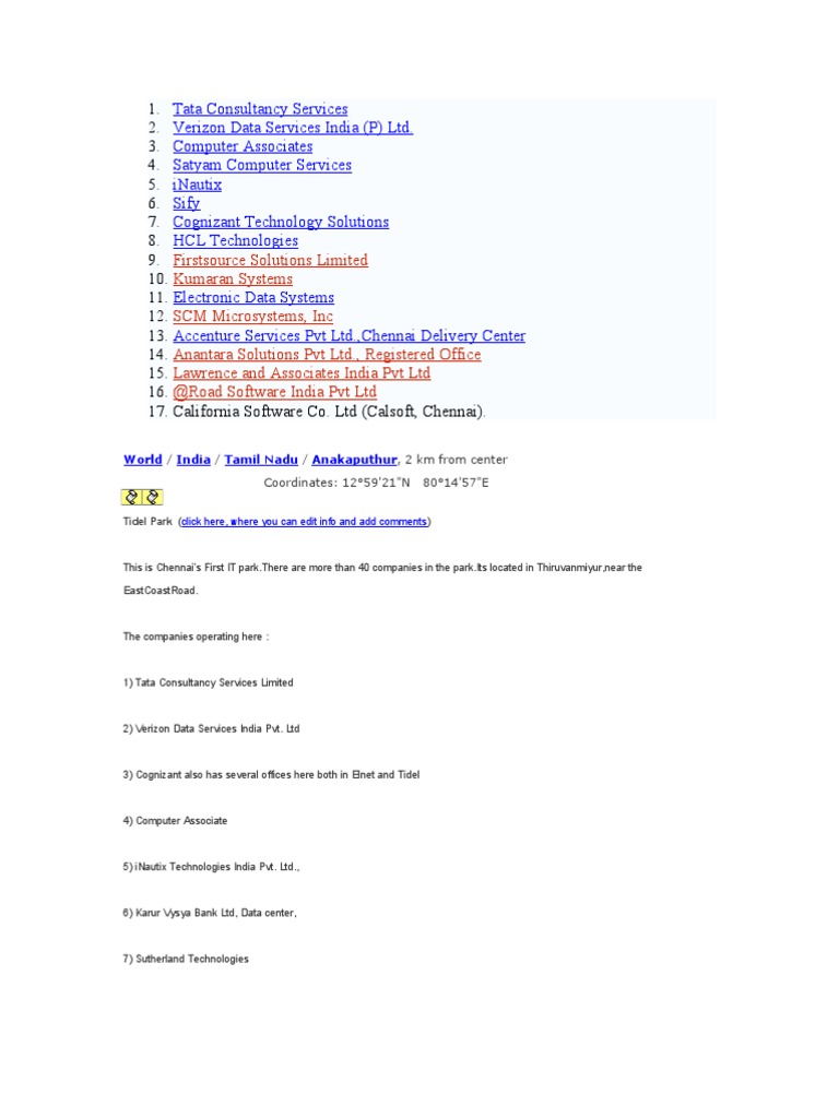List Of Companies In Tidel Park Companies Service Companies