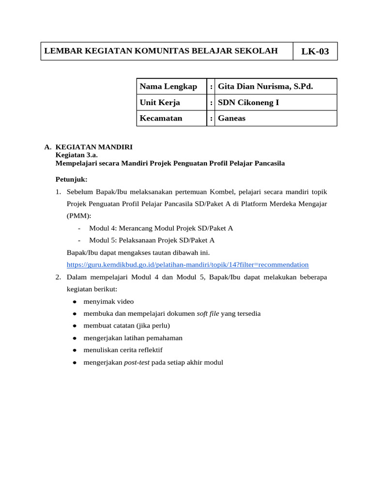 LK-03 Merancang Modul P5 Dan Pelaksanaan P5 - SD Cikoneng | PDF