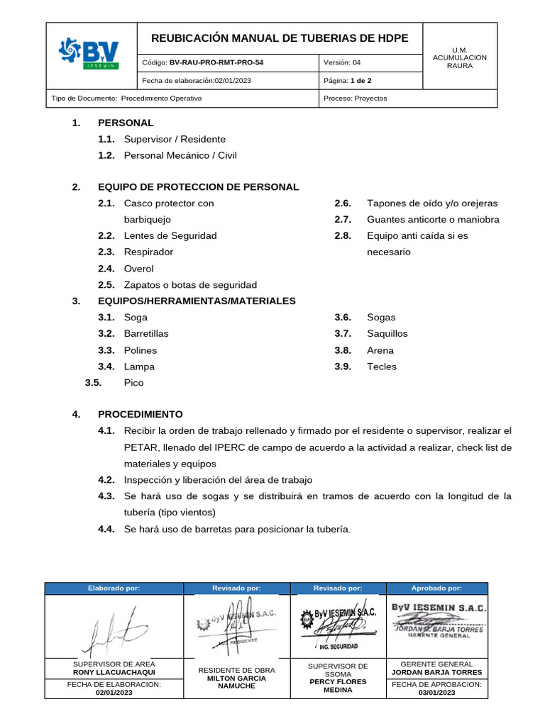 54.BV-RAU-PRO-RMT-PRO-54.Reubicación Manual de Tuberias de Hdpe .Rv4 | PDF