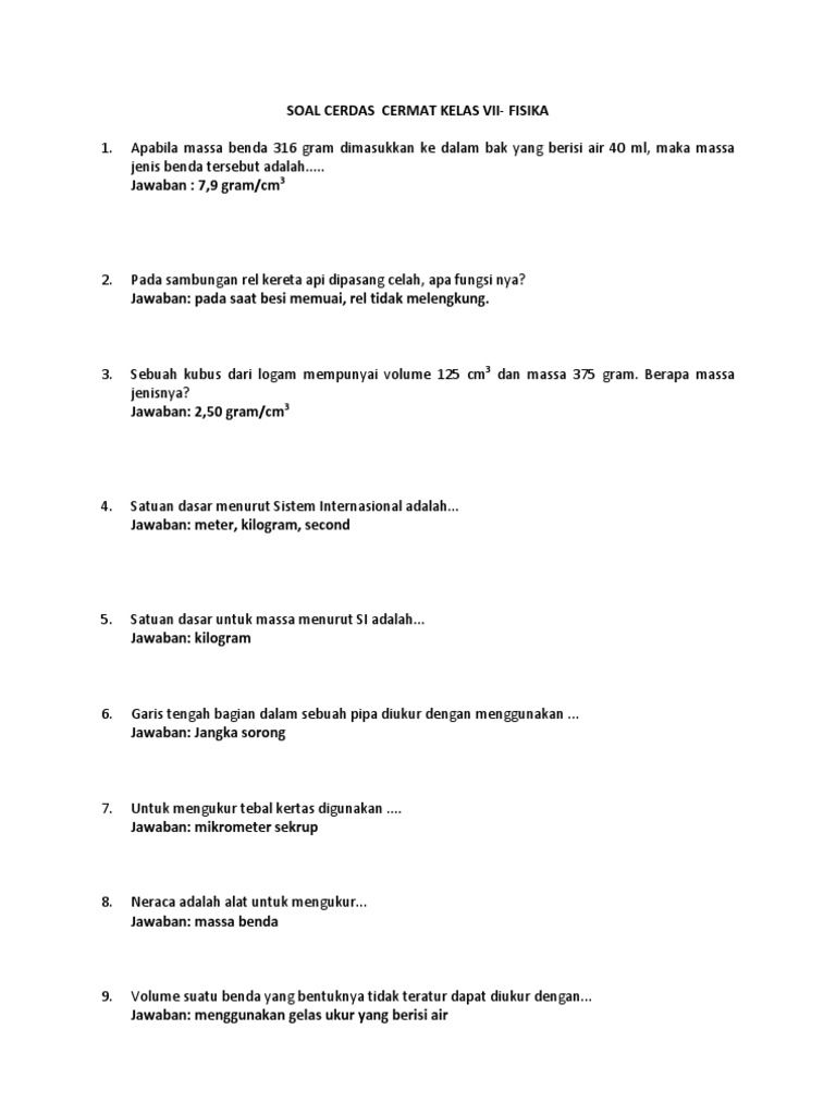 Soal Cerdas Cermat Kelas Vii