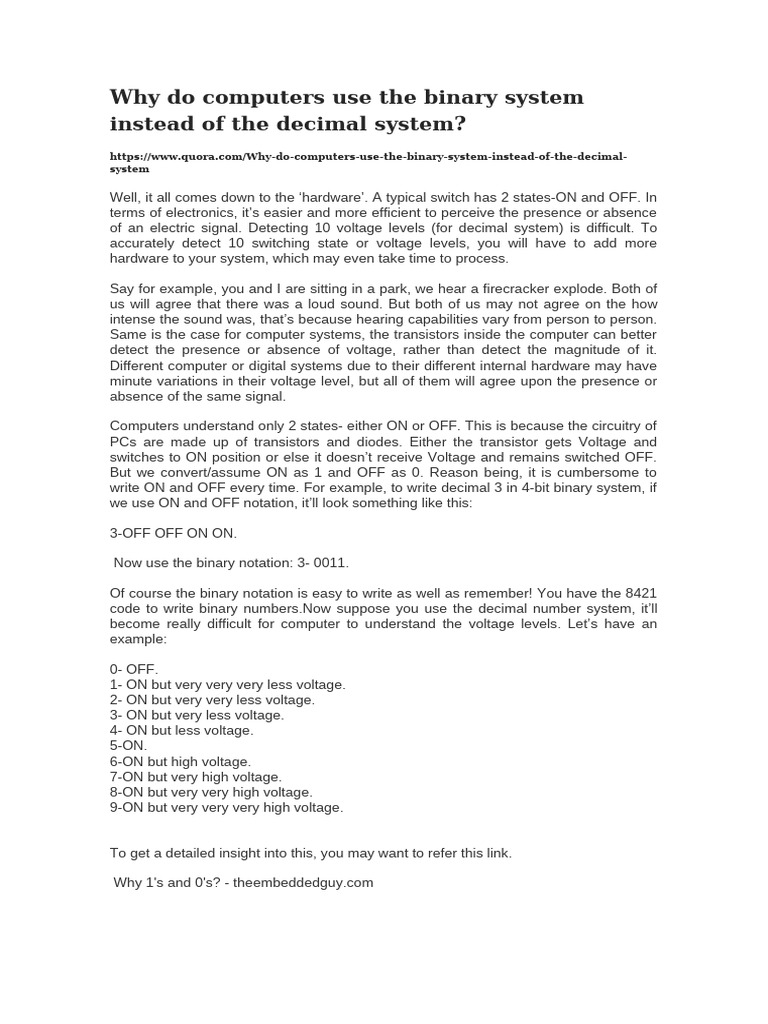 Why Do Computers Use The Binary System Instead of The Decimal System ...