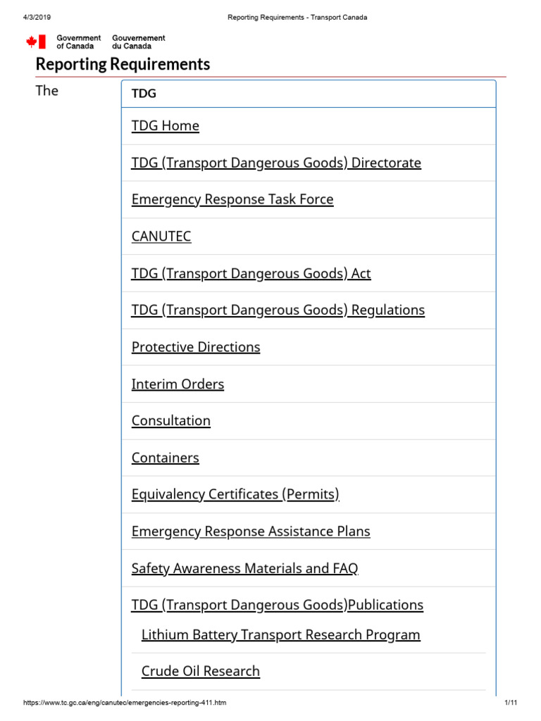 Reporting Requirements - Transport Canada | PDF