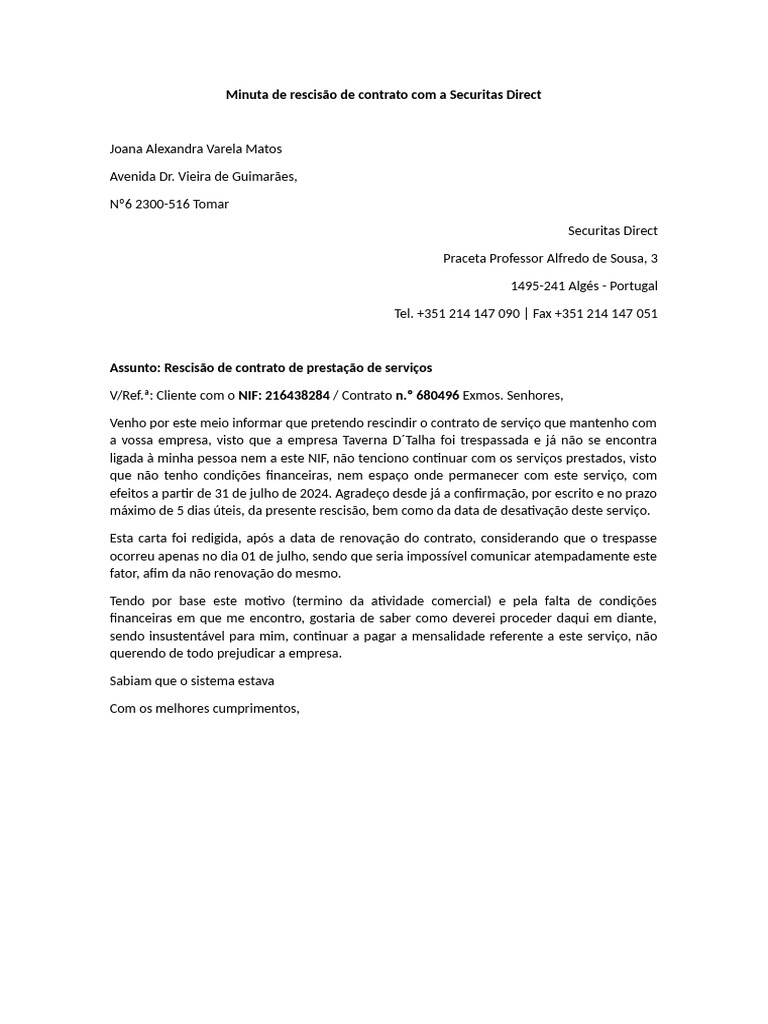 Minuta de Rescisão de Contrato Securitas | PDF