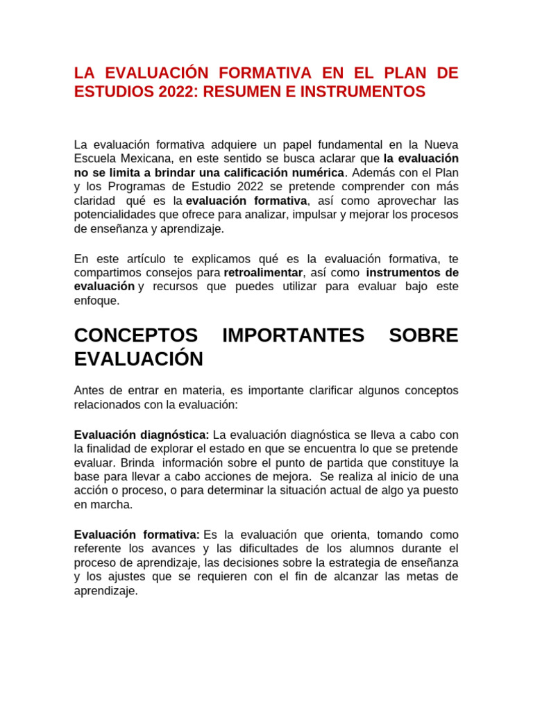 LA EVALUACIÓN FORMATIVA EN EL PLAN DE ESTUDIOS 2022 | PDF