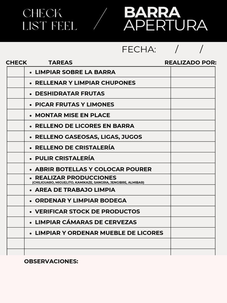 Check List Barra Apertura | PDF