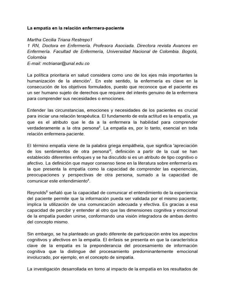 La Empatía En La Relación Enfermera Paciente Pdf