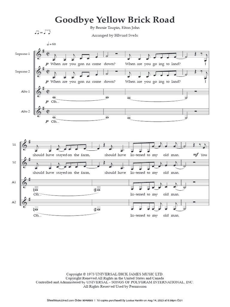 Goodbye Yellow Brick Road SSAA | PDF