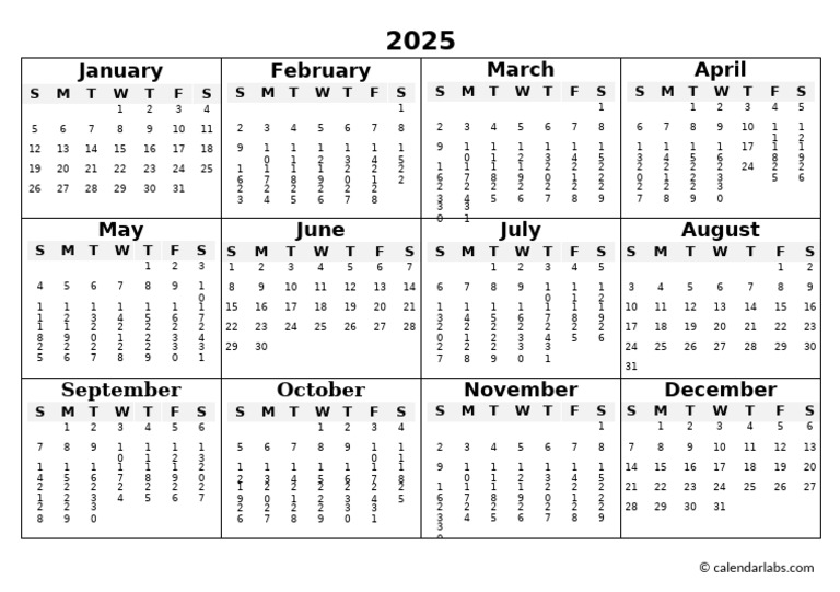 2025 Yearly Mini Calendar Template PDF