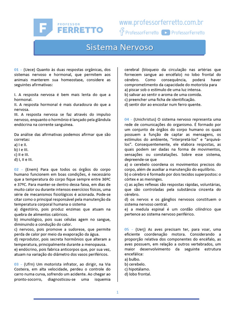 Questões - Sistema Nervoso | PDF