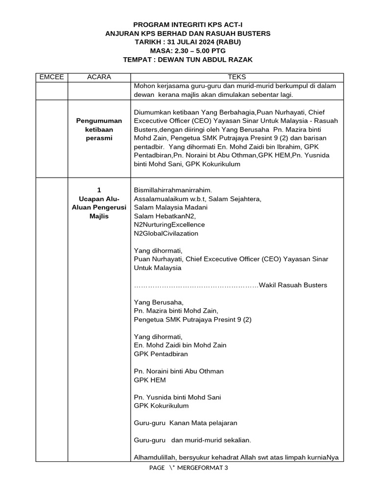 Teks Emcee - Program Integriti KPS Act | PDF