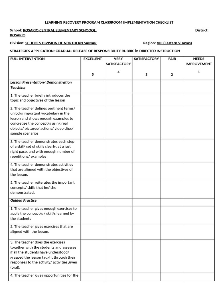GRR RUBRIC Strategies Application LRP Classroom Implementation | PDF