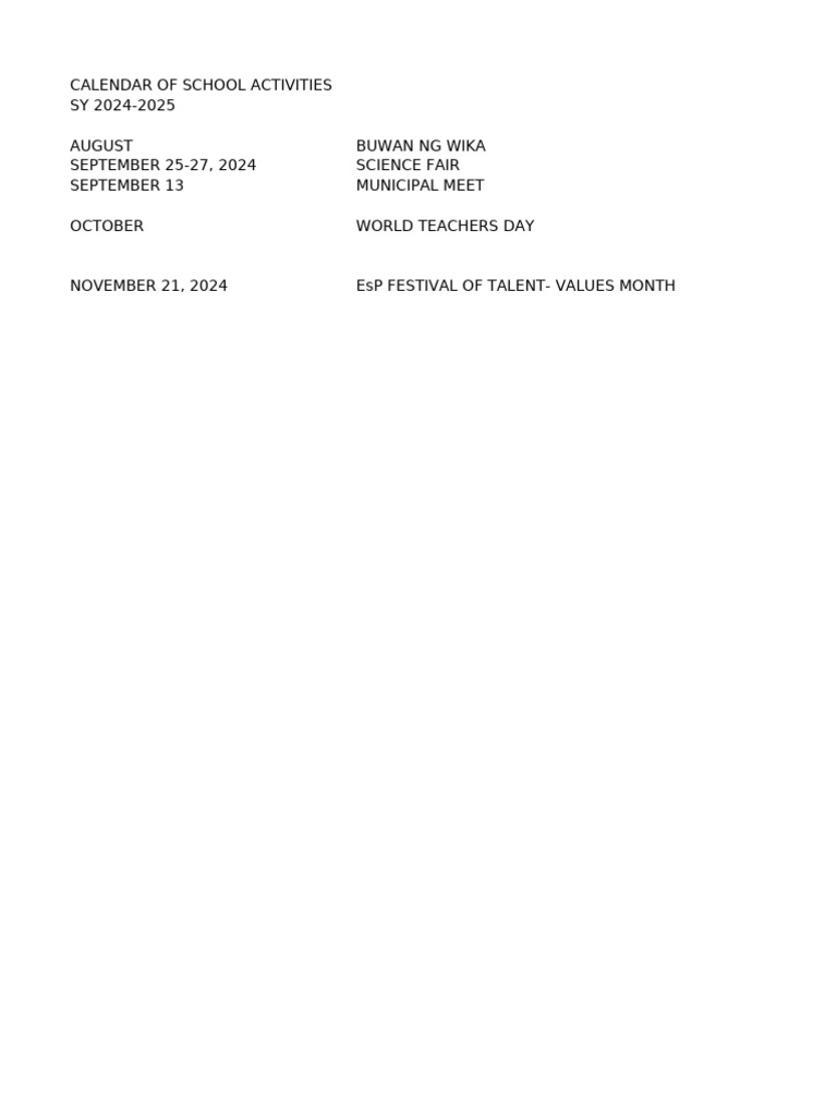 Calendar of activities pdf