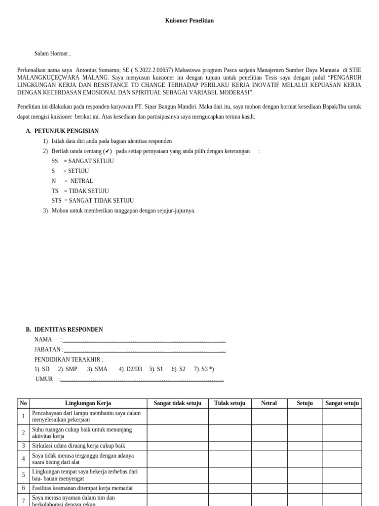 Draft Kuisioner. | PDF
