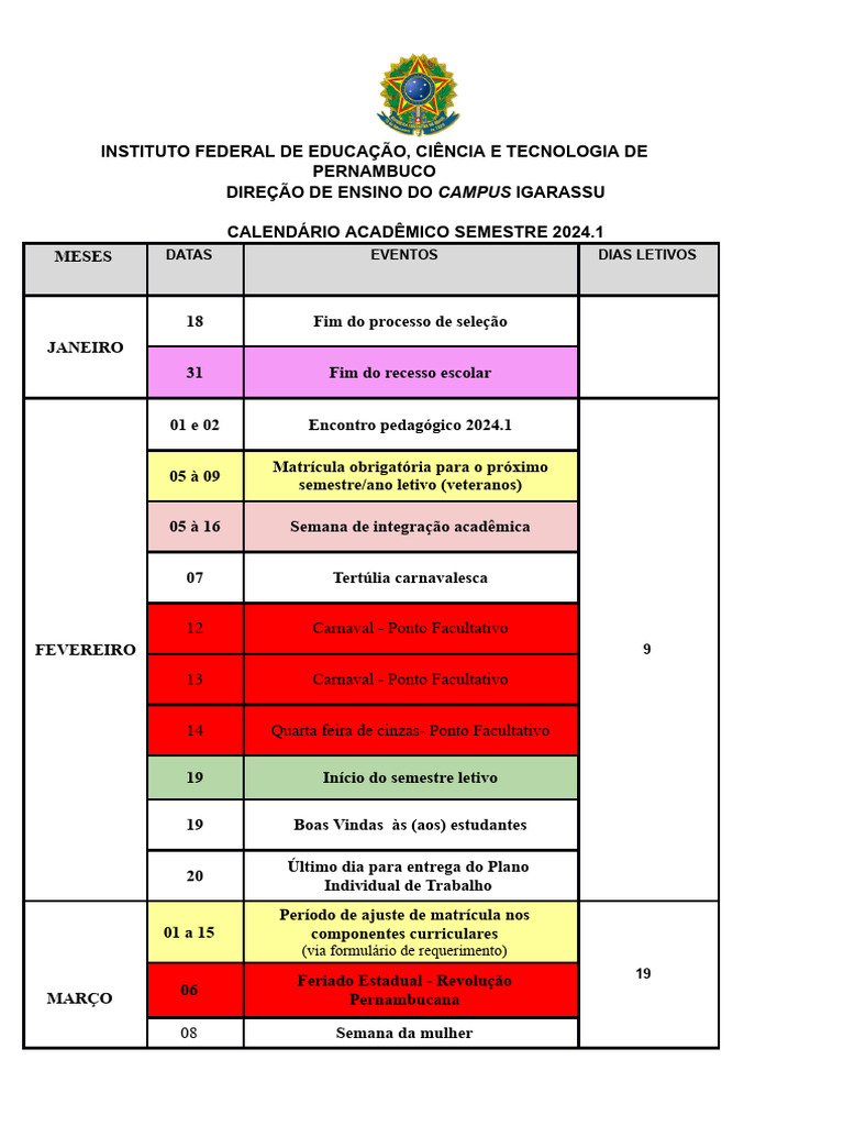 Calendario Academico 2024 Ajustado | PDF