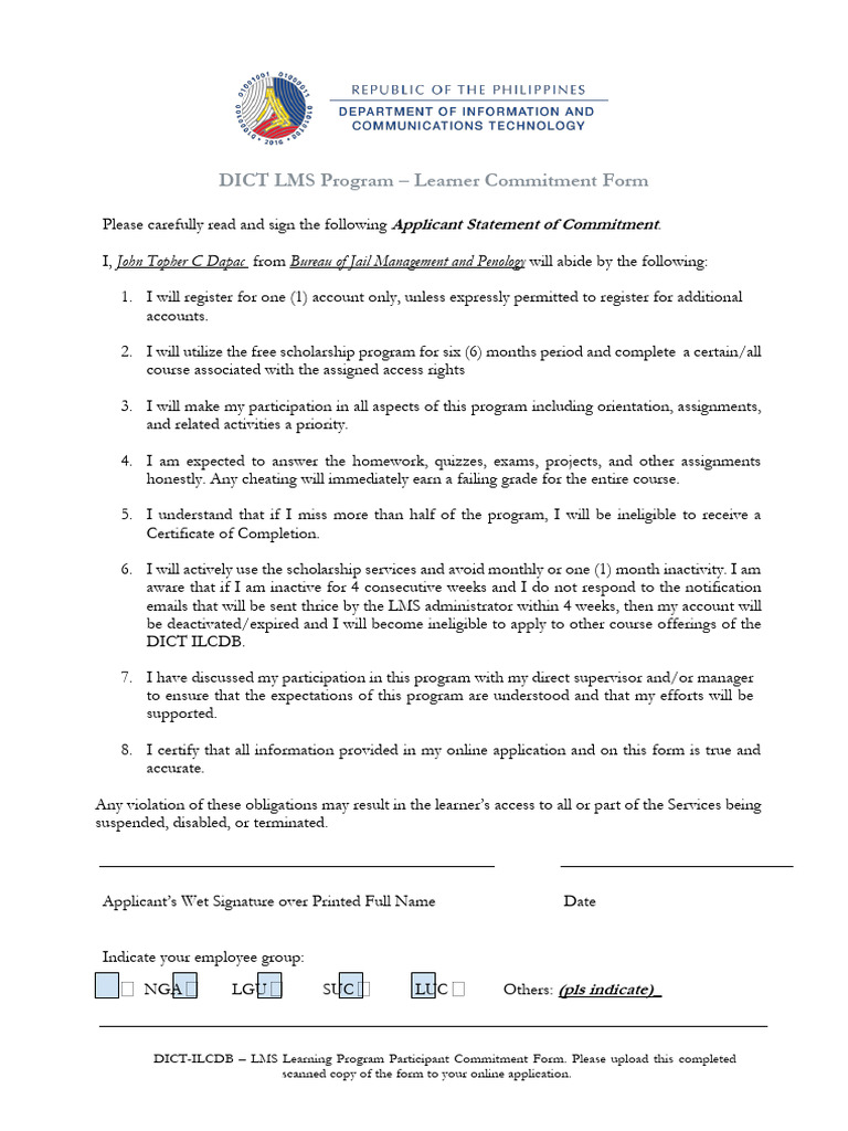 Learner Commitment Form in Accessing DICT LMS Annex D 1 | PDF | Career ...
