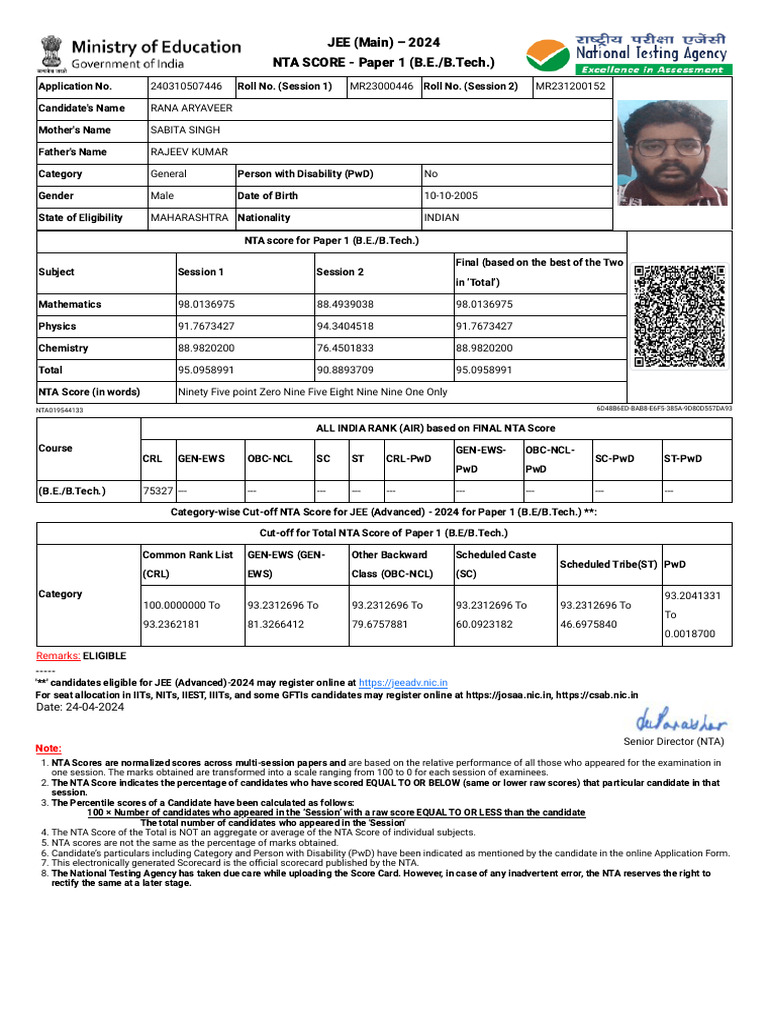 Rana Jee Mains Session 2 Scorecard | PDF