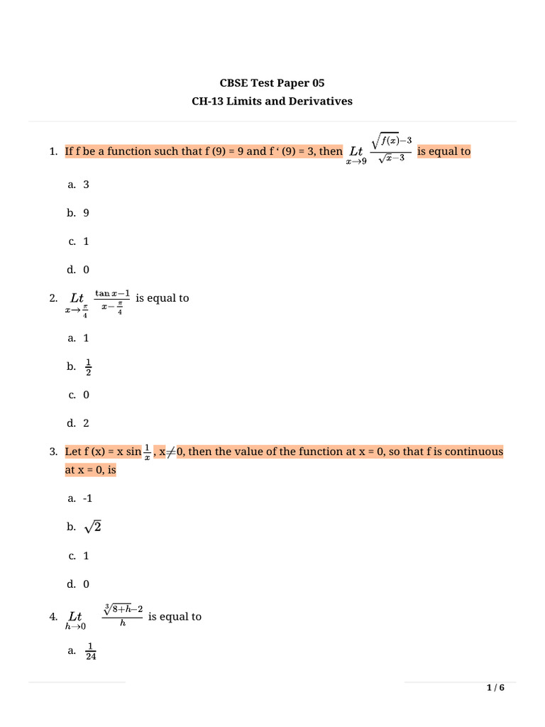 Limits Derivatives Pdf