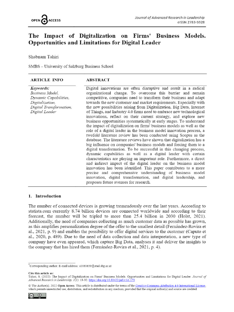View of The Impact of Digitalization On Firms' Business Models ...