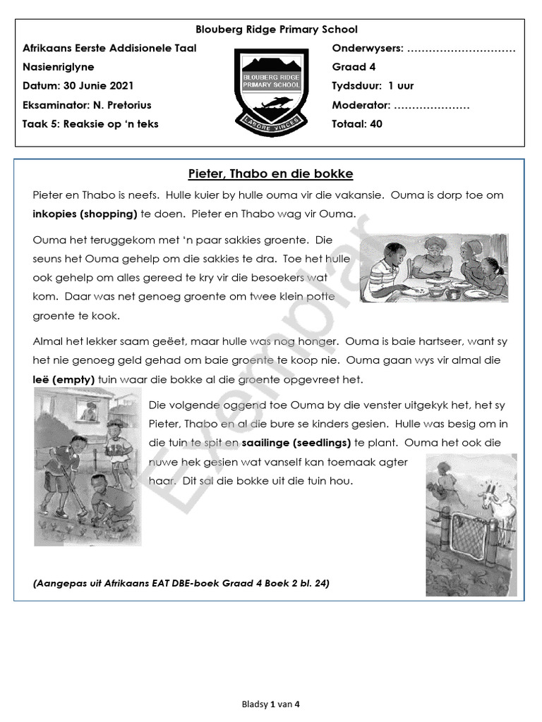 Grade 4 Afrikaans Fal Mid Year Examination 2021 Marking Guideline Pdf
