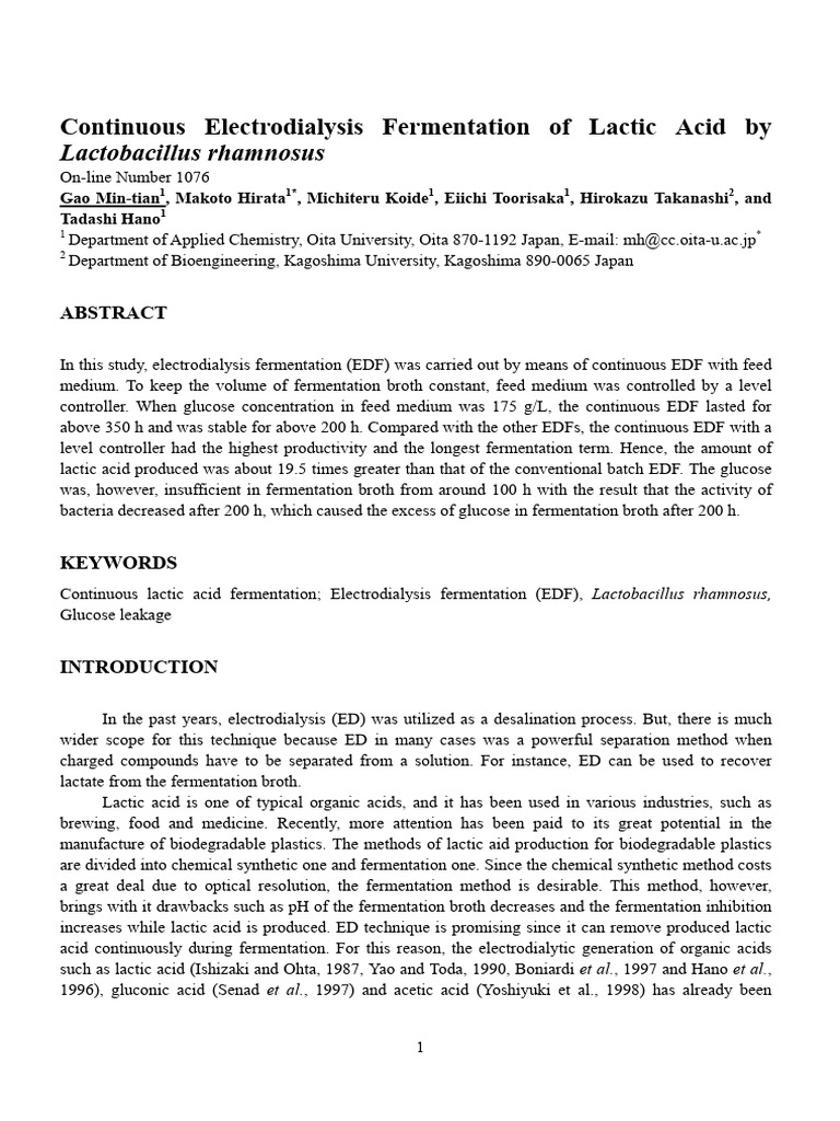 Continuous Electrodialysis Fermentation of Lactic Acid by Lactobacillus ...