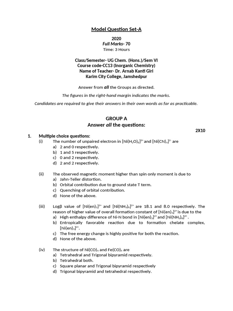 Sem vi university question pattern inorganic chemistry cc13 model set a