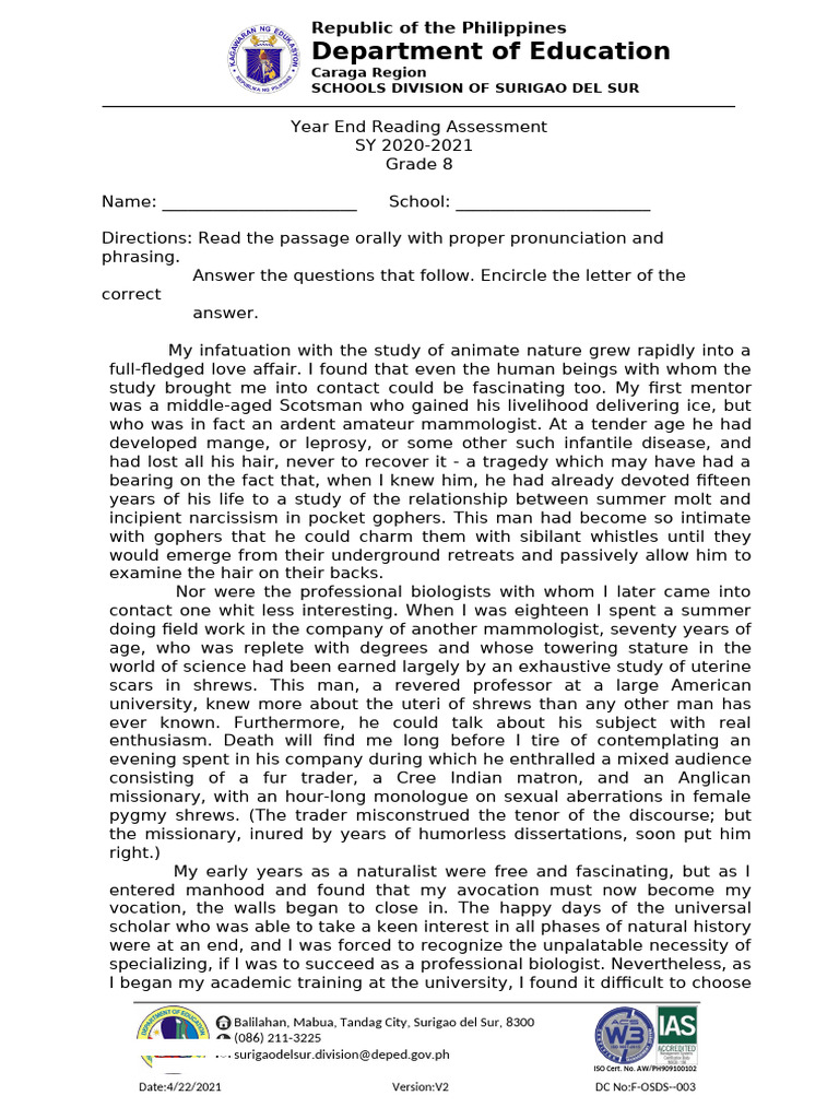 Grade 8 Reading Passage | PDF