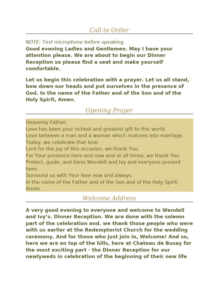 Wedding Script Reception | PDF