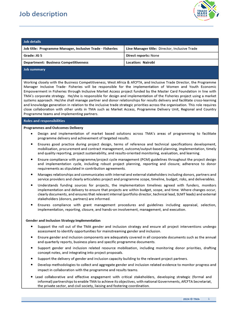 Job Description - Programme Manager, Inclusive Trade - Fisheries (JG5 ...
