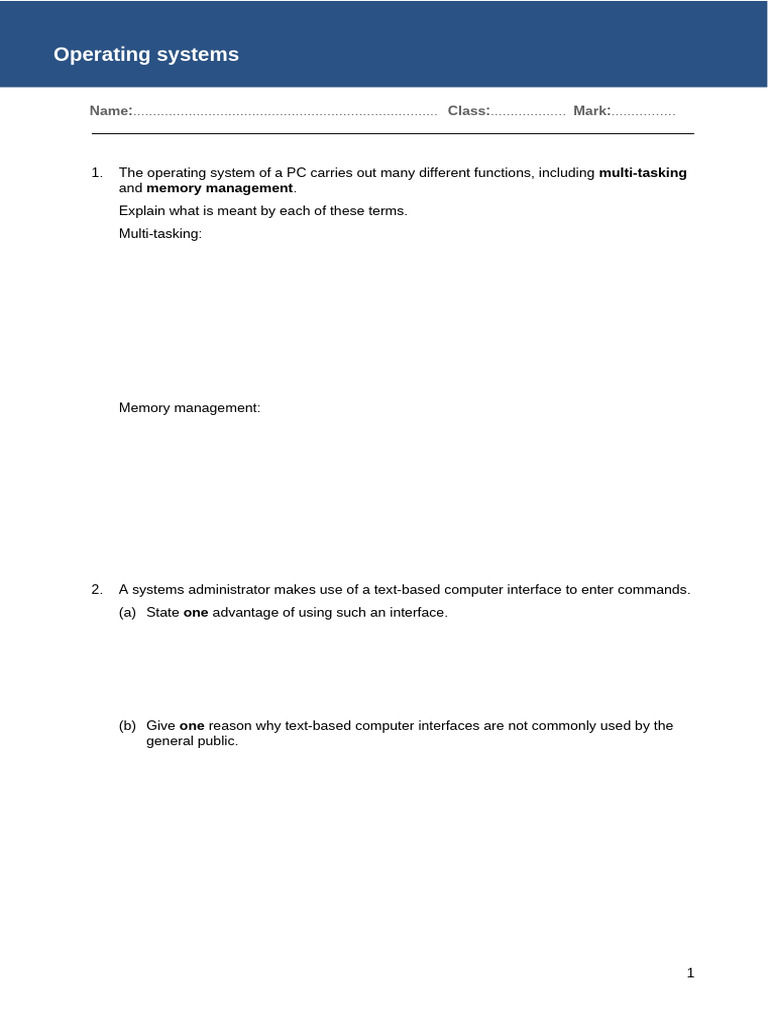 Operating System Worksheet 0478 | PDF