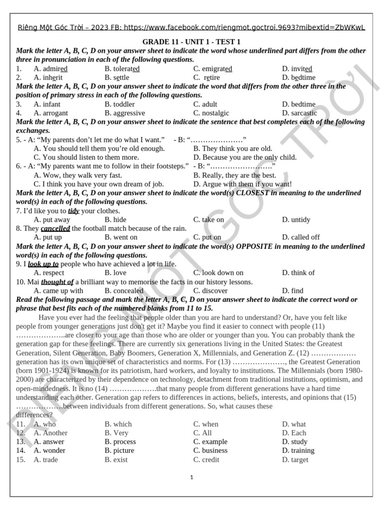 Đề kiểm tra Friends Global GRADE 11 - UNIT 1 - TEST 1 - ĐỀ | PDF