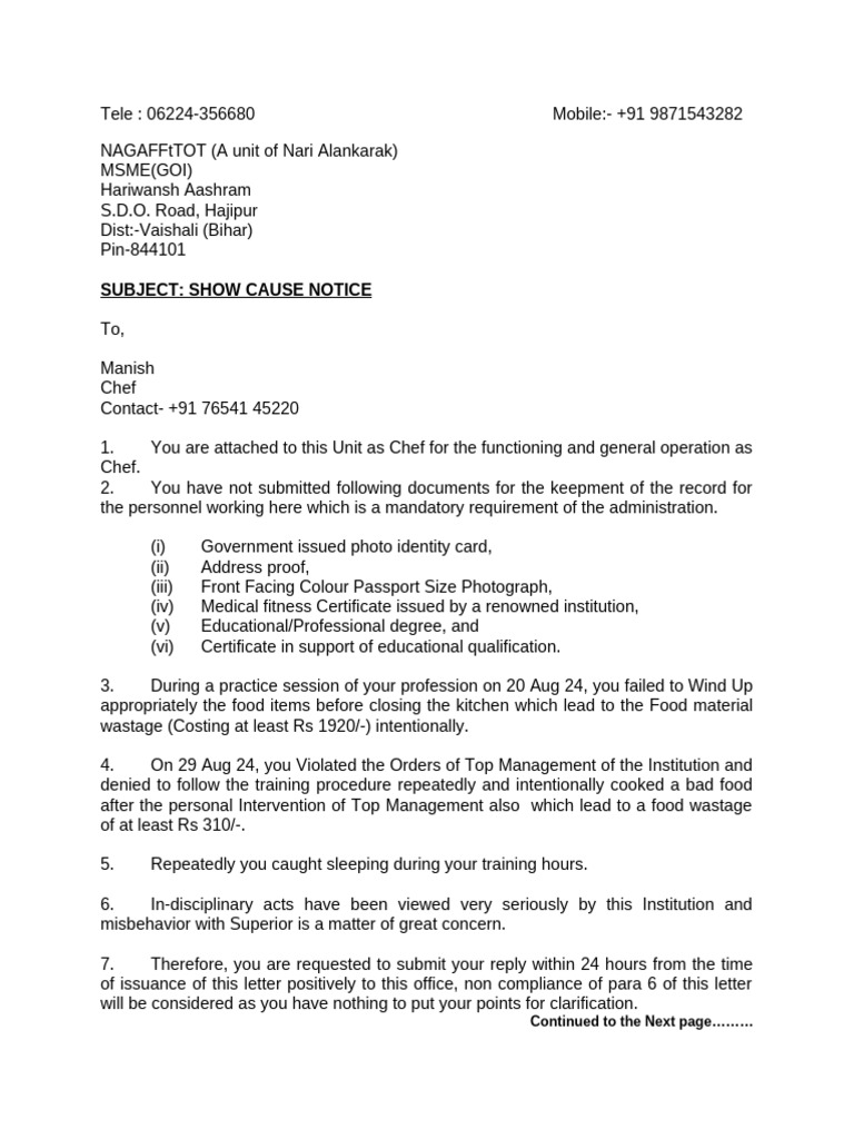 Show Cause Notice for Chef Misconduct | PDF | Government And Personhood ...