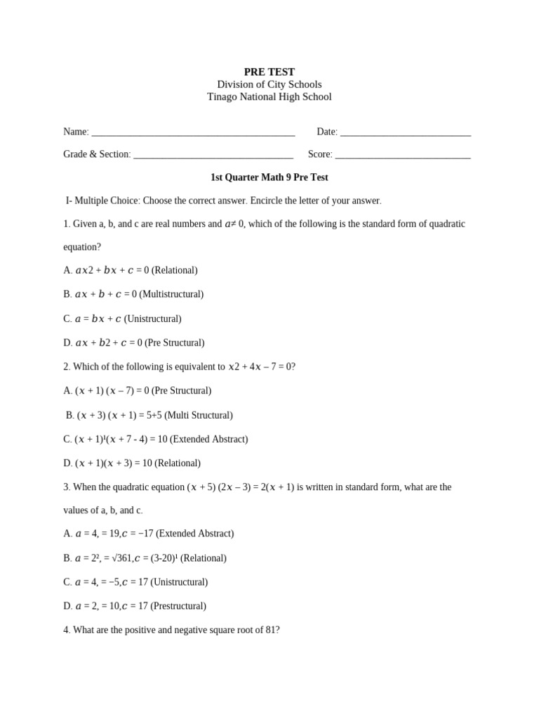 Sample PRE TEST | PDF