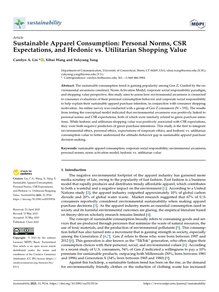 Sustainable Apparel Consumption: Personal Norms, CSR Expectations, and ...