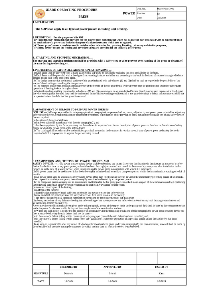 Sop For Power Press | PDF