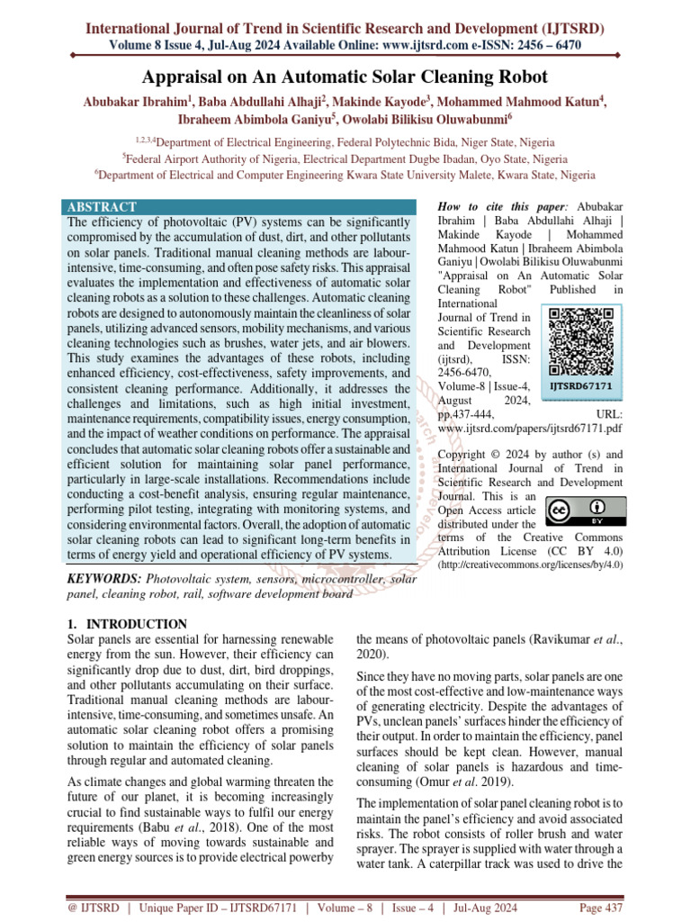 Appraisal On An Automatic Solar Cleaning Robot | PDF | Photovoltaics ...