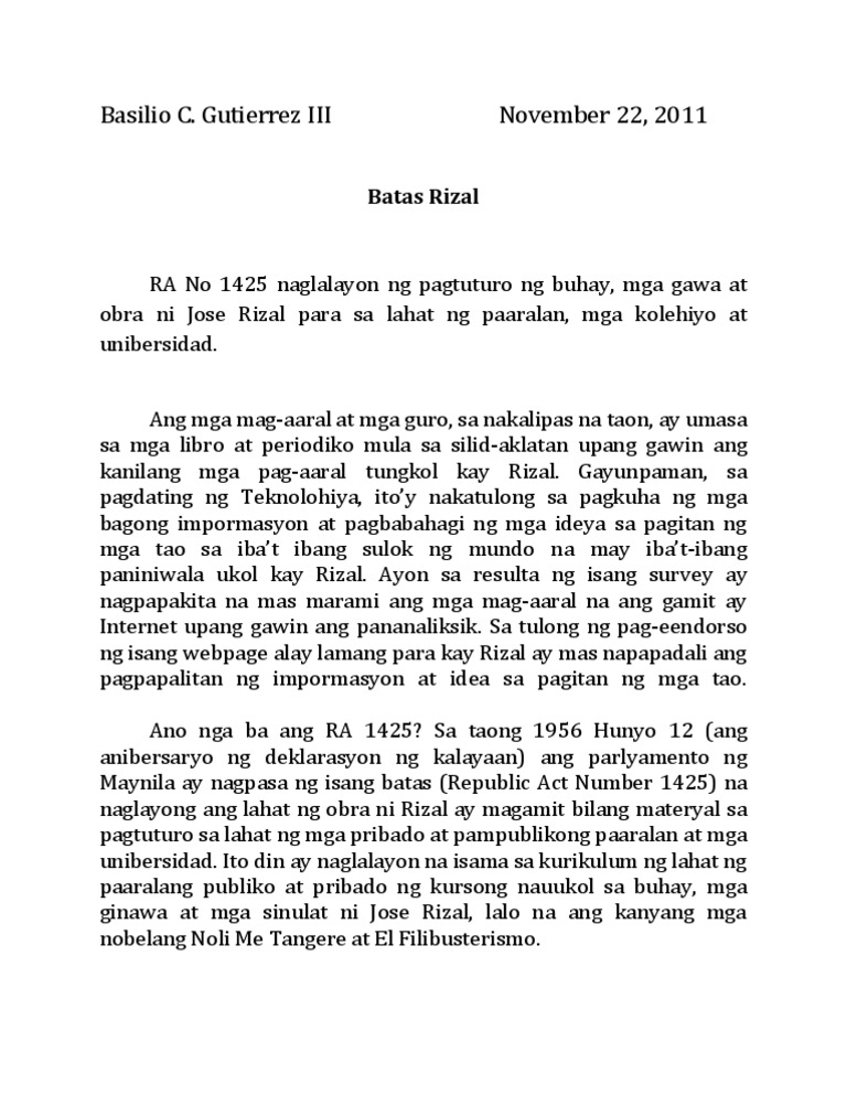 Mga Batas Ni Rizal - batas nanghihina