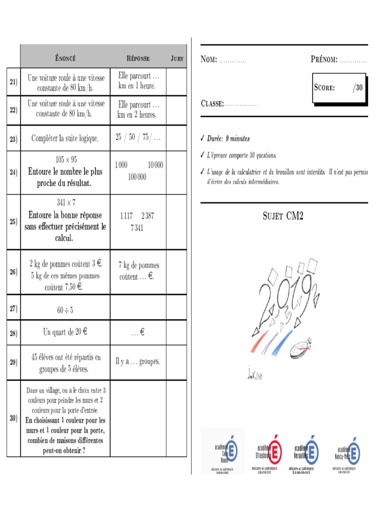 Sujet CM2 Mars 2019 | PDF