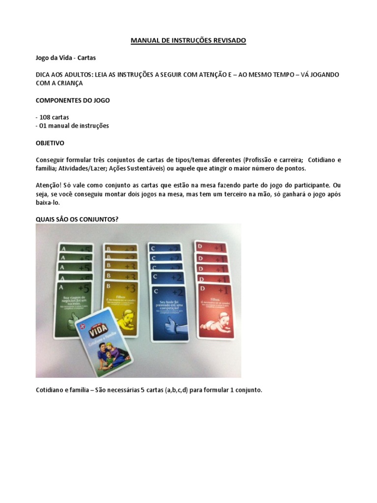 Manual - Jogo Jogo Da Vida Cartas Revisado, PDF, Lazer